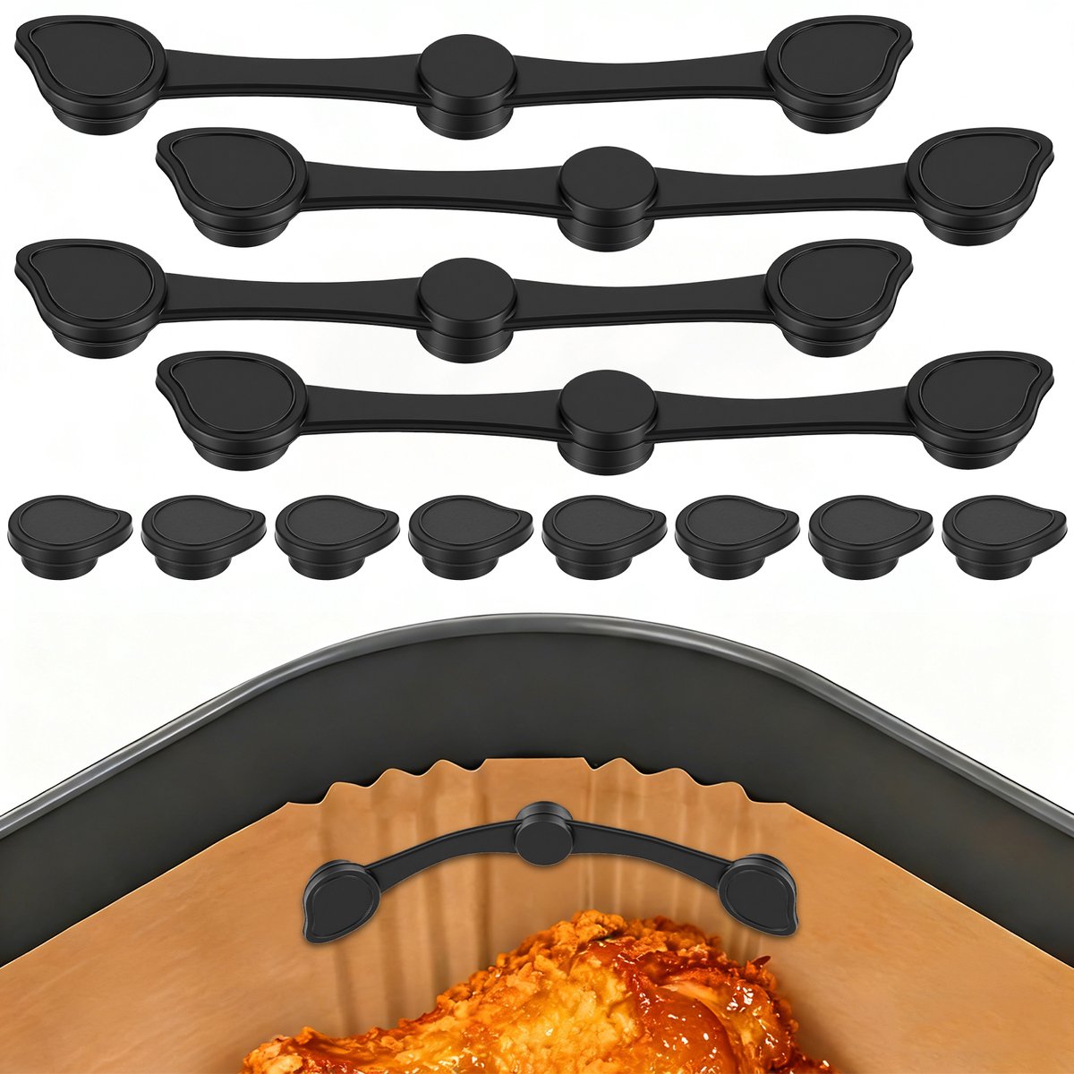 Lemlit Airfryer Magneten 12 Stuks - 11 cm - Siliconen Bakpapier Houder voor IJzeren Airfryermand - Magnetische Airfryer Clips - Zwart - Druppelvorm​