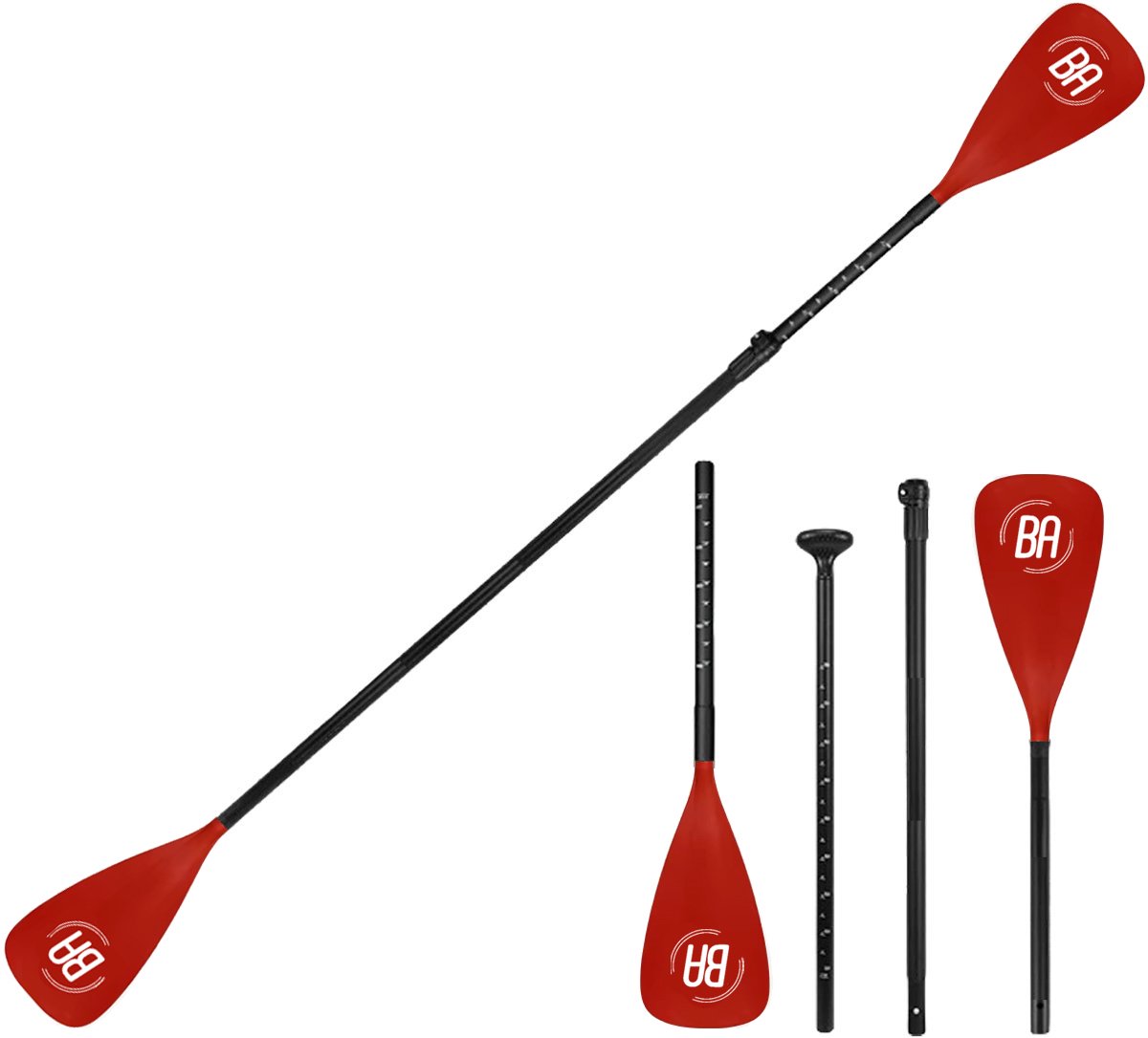 Best Active Dubbele SUP Peddel 4-Delig - Dubbele Kajak Peddel & SUP Paddle in 1 - Verstelbaar 155-220 cm - Aluminium - Rood - Kajakpeddel / Stand Up Paddle Board Peddel