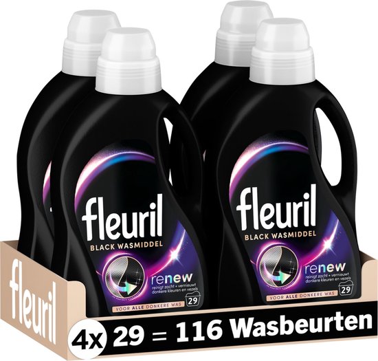 4 bouteilles de lessive Fleuril Black dans un emballage en carton. "fleuril BLACK WASMIDDEL renew VOOR ALLE DONKERE WAS 4x 29 = 116 Wasbeurten"