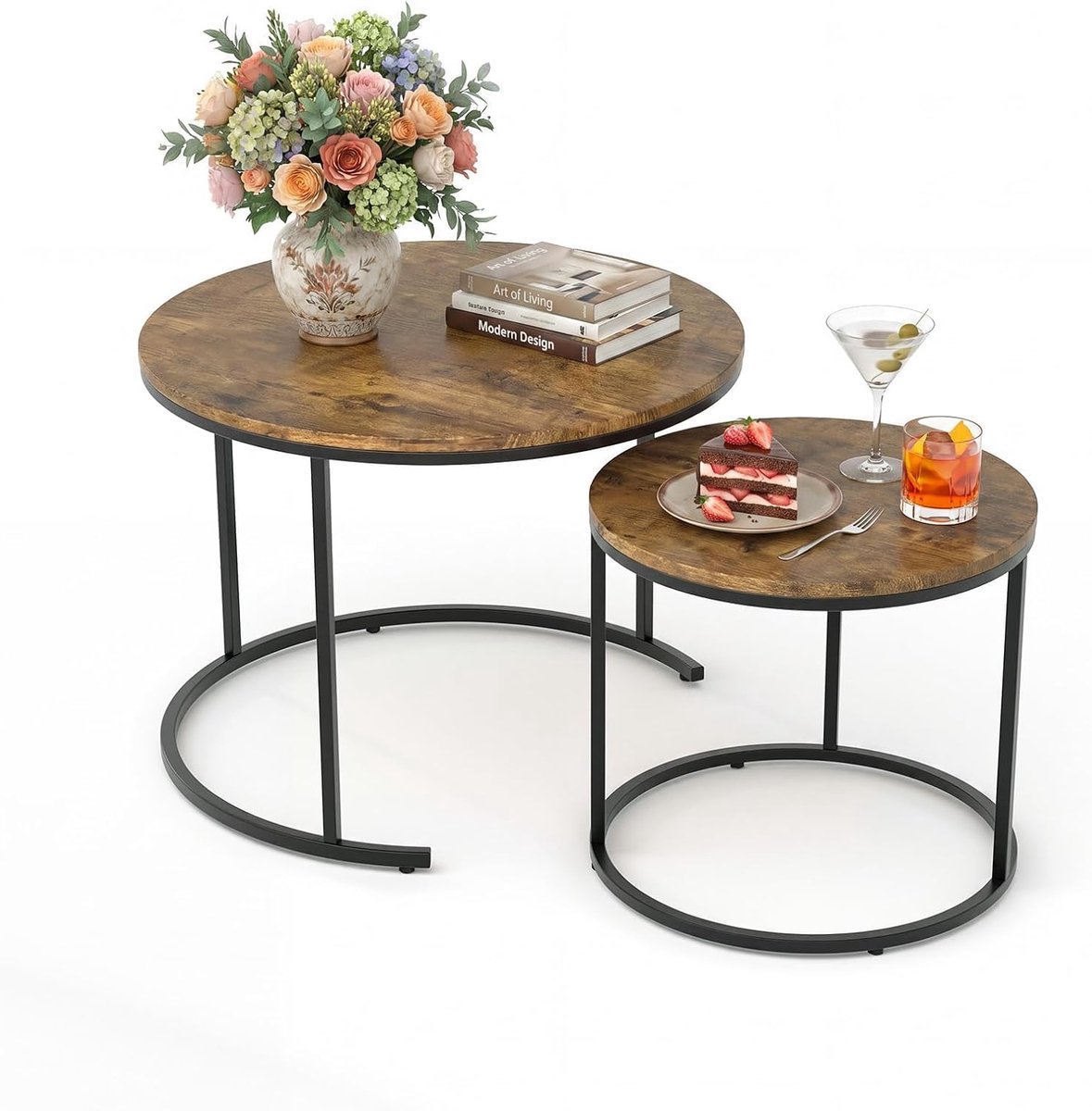 HOERFURIY Salontafel Set van 2 - Nesting Tafels Rond - bruin met Zwart Metalen Frame - Ø 60 cm & Ø 40 cm - Industriële Bijzettafels voor Woonkamer & Slaapkamer