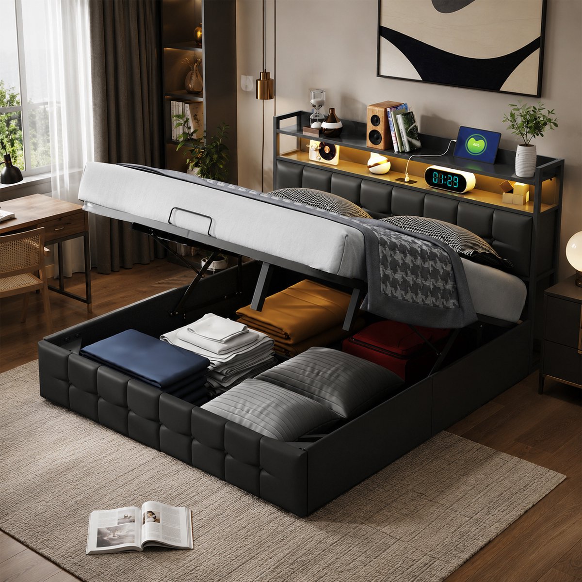 MEXUS Tweepersoonsbed 140x200cm, bedframe met LEDverlichting en USB-oplaadpunt, opbergbed met Hydraulische Opbergruimte & Opberghoofd, lattenbodem, volwassenenbed, PU, Zwart