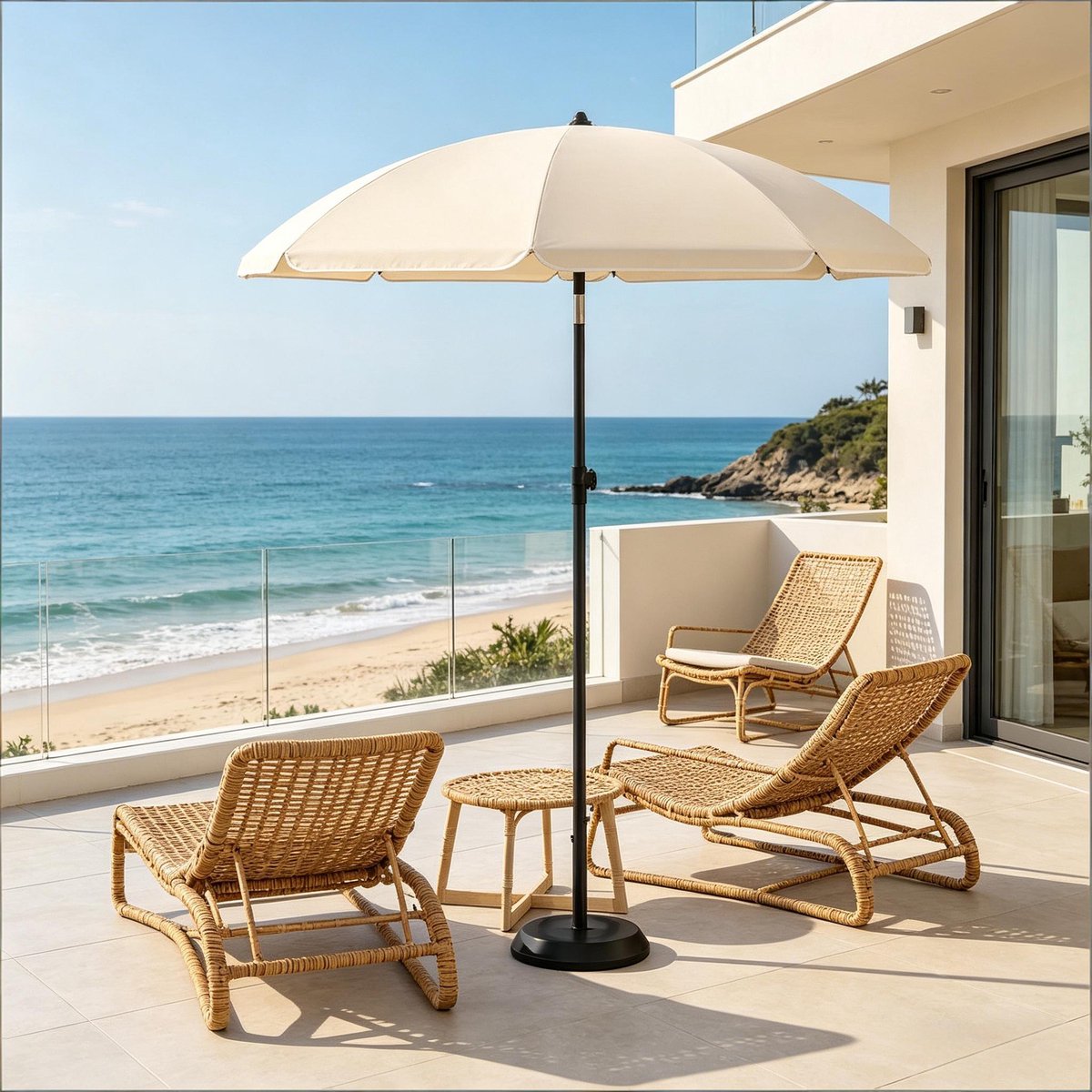 Stokparasol - Opvouwbaar parasol - Rond - Strandparasol - Tuin - Balkonparasol - UV-bescherming - Waterdicht - 35° Kantelbaar - Ø 155cm - Beige