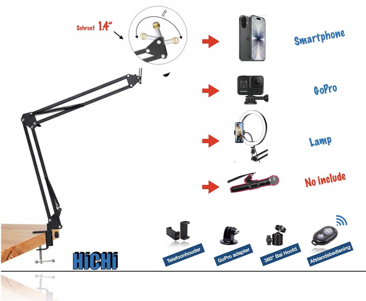 Flexibele Telefoonhouder met Klem| Telefoonhouder | Microphone Stand | Flexibel Arm | Flexibel telefoonhouder Arm | Telefoonhouder Standaard | Aluminium Verstelbare Arm HiCHiCO® Inclusief Bluetooth Afstandsbediening