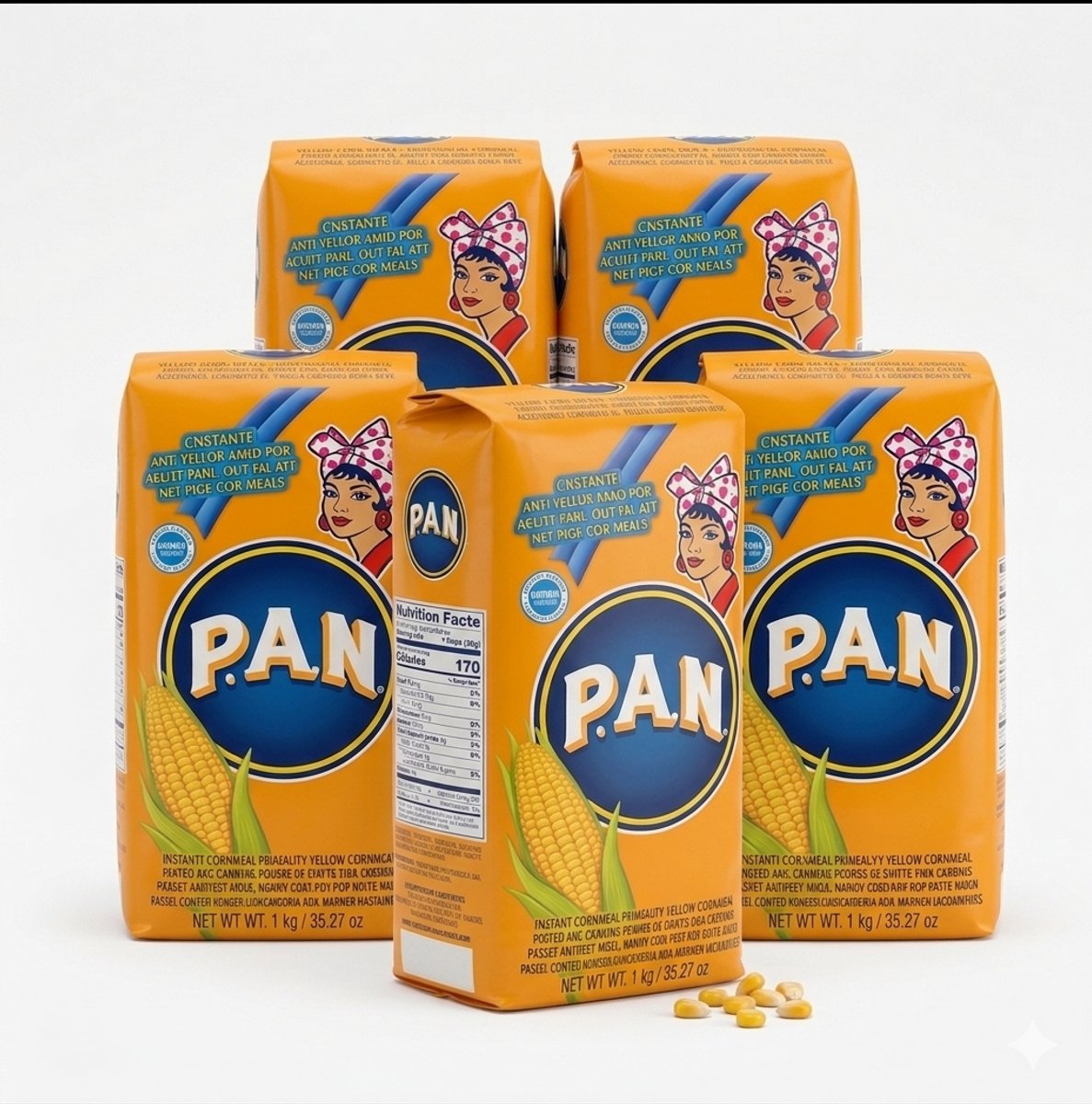 Harina PAN 5 x 1kg Voorgekookt Geel Maïsmeel – Premium Kwaliteit Meel voor Authentieke Arepa’s, Glutenvrij & Veelzijdig – Ambachtelijke Goudgele Textuur & Rijke Smaak Traditionele Amerikaanse Gerechten – Eenvoudig te Bereiden – Kajal Sticker