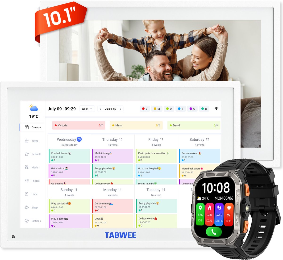 TABWEE P10 10,1" WiFi Digitale Kalender | Smart Touchscreen Fotolijst | Gezinsrooster Takenlijst Maaltijdplanner + Blackview W80 Pro Smartwatch Groen IP68 Bluetooth 5.3 900mAh