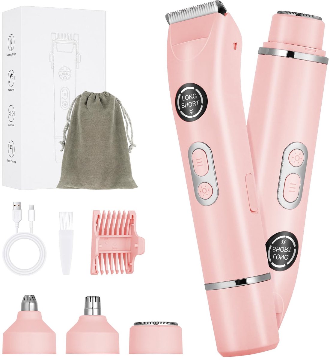 carmdering - Dames Trimmer - 4-in-1 Scheerapparaat - Elektrisch Scheerapparaat - Neustrimmer en wenkbrauwtrimmer - IPX7 waterdicht, oplaadbaar (1 uur = 90 min) - Roze - Voor gezicht, oksels, benen en bikinilijn - Incl. opbergtas