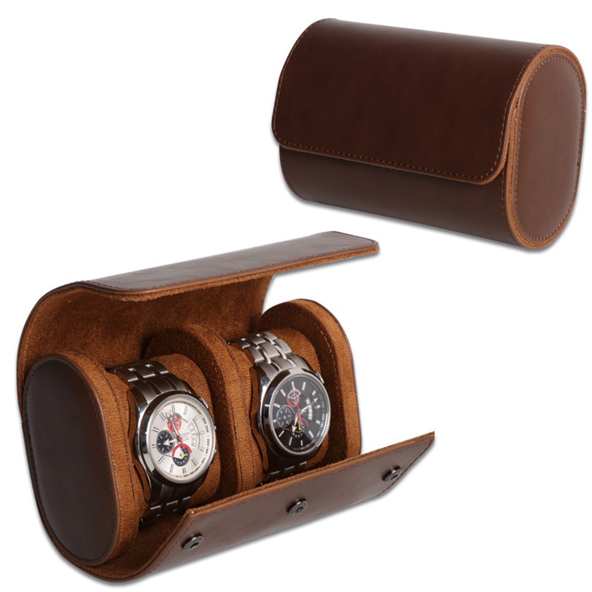 carmdering - Horlogerol - PU Lederen Horloge opbergbox - Reisetui voor Horloges - Bruin, 2 horlogekussens, zacht fluweel - Geschikt voor horloges tot 50 mm - Platte bodem, draagbaar - Cadeau voor mannen en vaders - Voor reizen en thuis