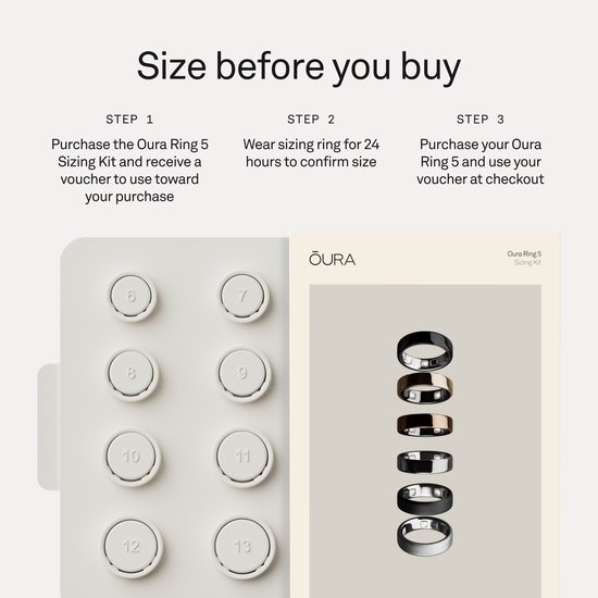 Oura Ring 5 Sizing Kit. Stappen 1, 2, 3: Koop, draag en bevestig uw Oura Ring maat.