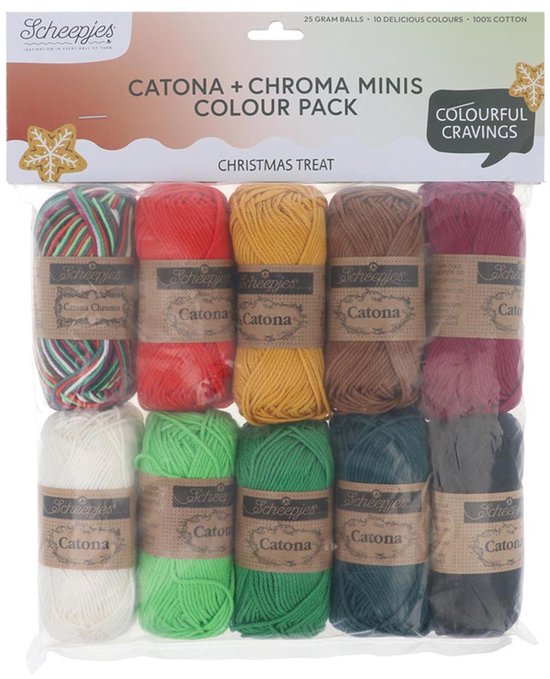 Un pack de fils colorés 'Christmas Treat' de Scheepjes avec 10 pelotes de 25 grammes dans différentes couleurs comme le rouge, le jaune, le vert, le marron, le blanc et le noir.