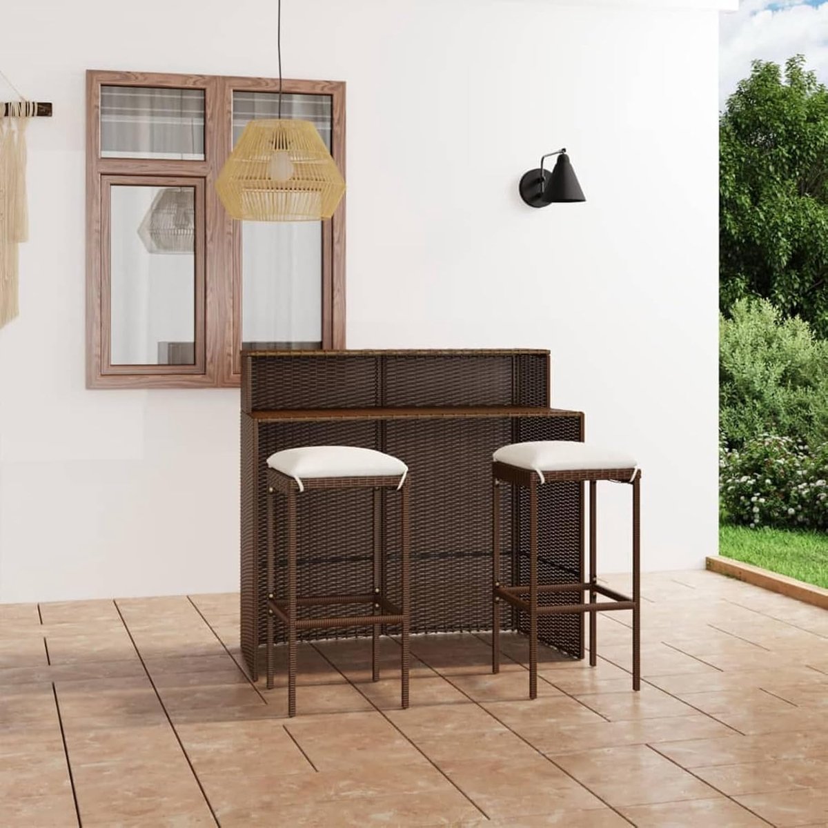 Capri Comfort Luxe 3-Delige Tuinbarset met Kussens – Vierkant Design – Bruin Poly Rattan – Compact Outdoor Bartafelset voor Balkon, Terras en Tuin – Weerbestendig en Modern