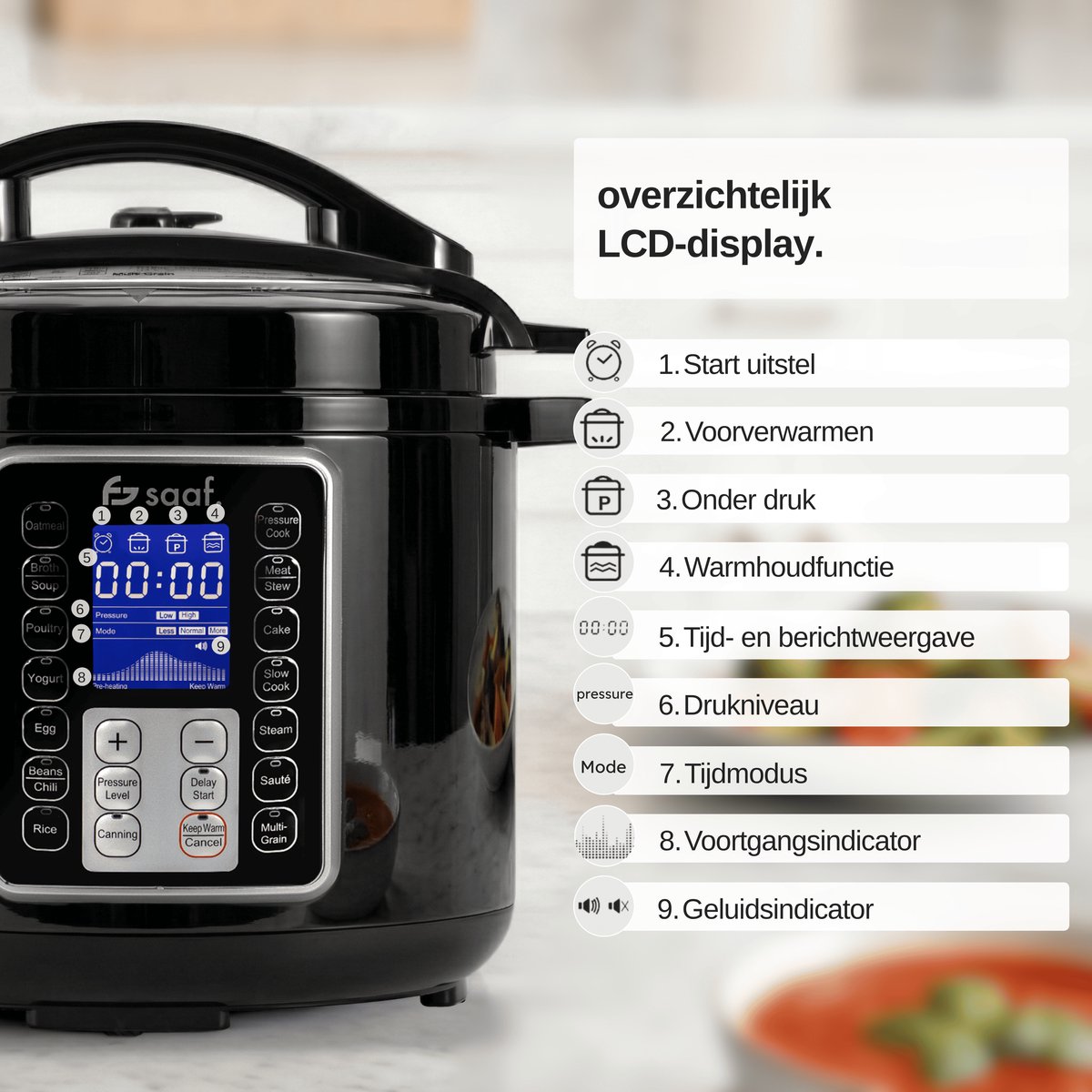 Multicooker - 5.8L - PFAS vrij - Slowcooker met timer - Pressure Cooker - Rijstkoker met stomer - van Saaf – foto 4