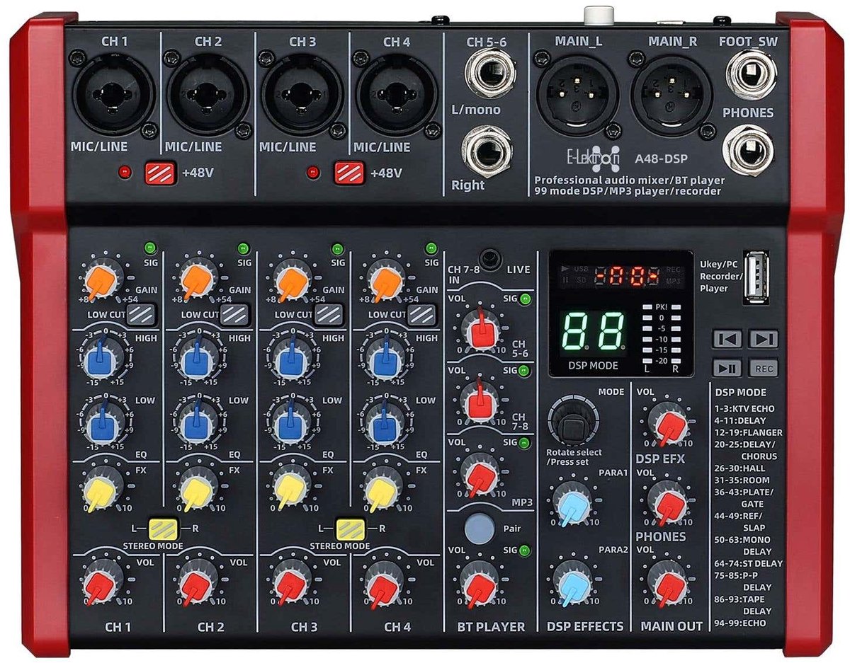E-Lektron A48-DSP 8 kanaals mengpaneel - USB interface en DSP effecten