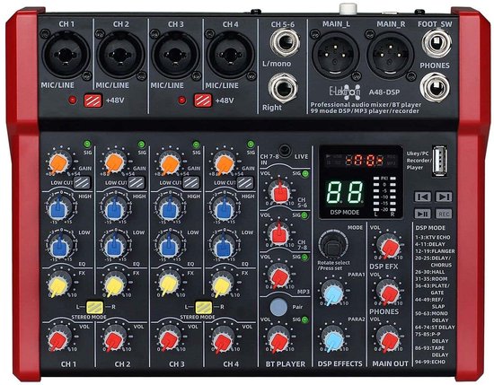 Rood en zwart E-Lektron A48-DSP mengpaneel met 8 kanalen, USB-poort en DSP-effecten.