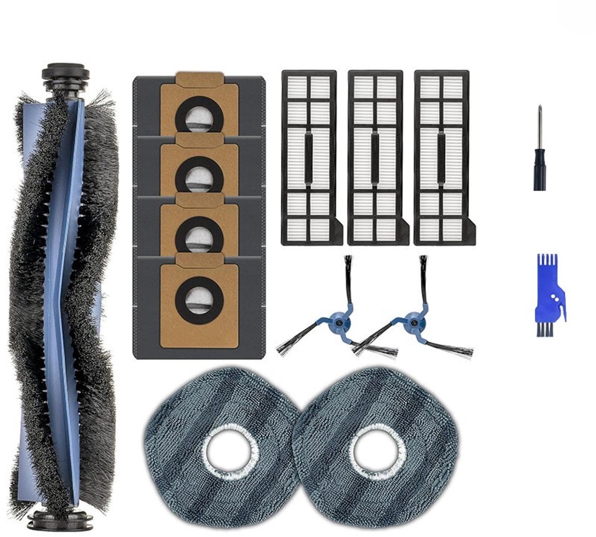 14 stuks - decoratieve accessoires - accessoireset - geschikt voor Eufy X10Pro/omni - 4 stofzakken, 2 schoonmaakdoeken, 2 zijborstels, 3 HEPA-filters, 1 hoofdborstel Borstel, 1 schroevendraaier，1 Klein blauw penseel