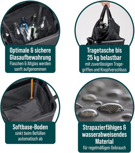 Zwarte flessenbak met opvouwbare bodem en vakken voor glasopslag. Waterafstotend materiaal.