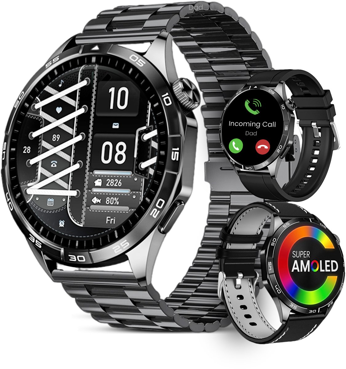 Avalue Smartwatch Heren - 1,8" AMOLED - Bluetooth Bellen - Bloeddruk & Hartslag Monitor - Bloedzuurstof - Slaapmonitor - Stappenteller - 330 mAh - iOS & Android - Incl. 3 Bandjes - Zwart