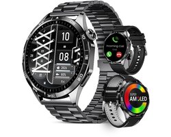 Avalue Smartwatch Heren - 1,8" AMOLED - Bluetooth Bellen - Bloeddruk & Hartslag Monitor - Bloedzuurstof - Slaapmonitor - Stappenteller - 330 mAh - iOS & Android - Incl. 3 Bandjes - Zwart