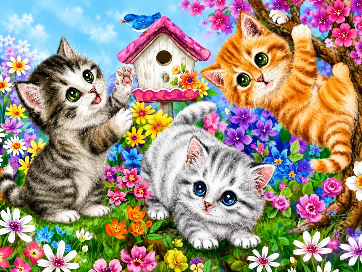 Schattige Kittens tussen Bloemen – 50x70 cm – Ronde steentjes - Compleet Diamond Painting Pakket – Inclusief 20% Extra Steentjes - Diamond Painting by Wietske