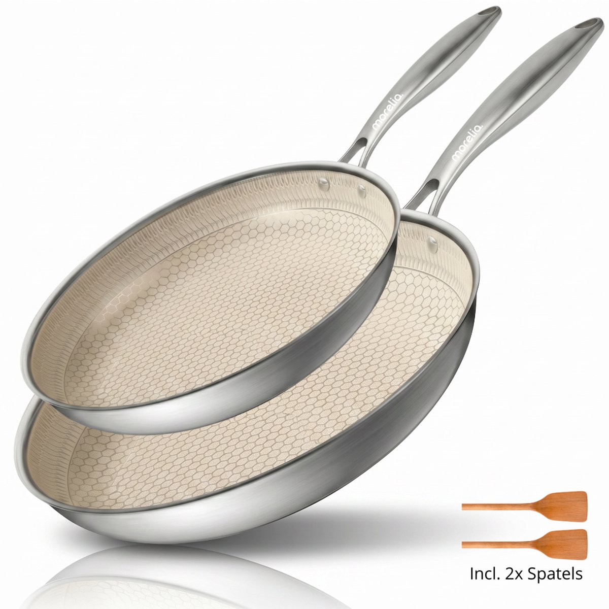 Morelia® Hybrid Pannenset 24 + 28 cm - Panneset Inductie en Gas - PFAS Vrij - Keramische Anti aanbaklaag - Oven en Vaatwasserbestendig - Beige van Morelia