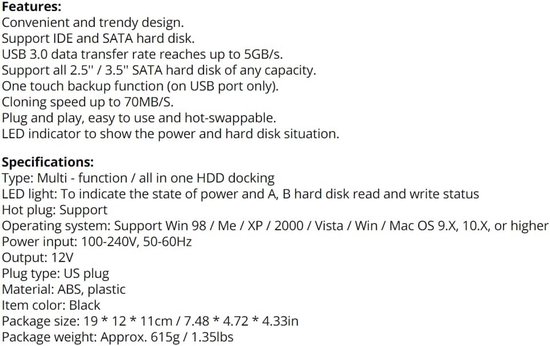 HDD Docking Station - Externe Harde Schijf - Data Overzetten - Drievoudige Interface - 2.5/3.5 Inch - Zwart — afbeelding 2