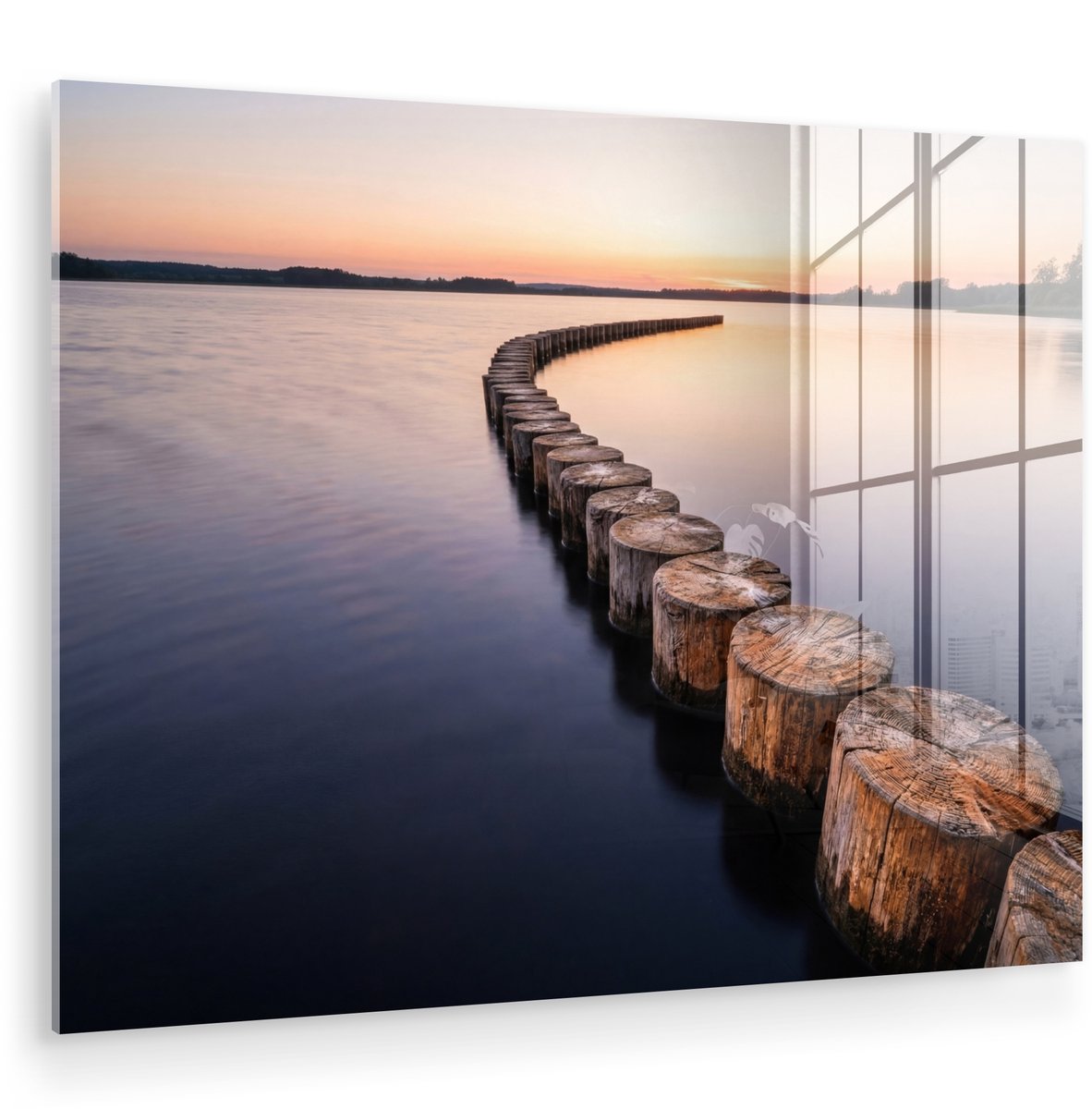 MuchoWow® Glasschilderij 160x120 cm - Schilderij acrylglas - Hout - Palen - Water - Foto o