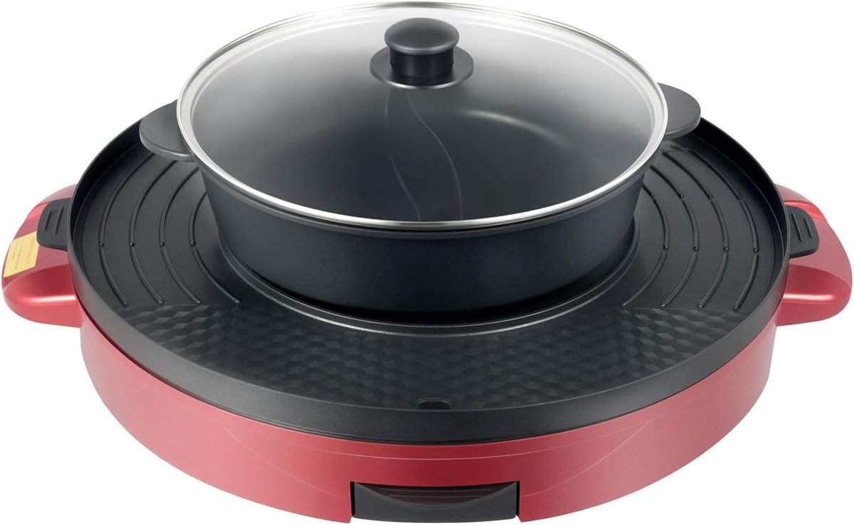 Elektrische Hotpot - Grill Pan - Samen Eten - 2-in-1 Design - 44 cm Diameter - Rood