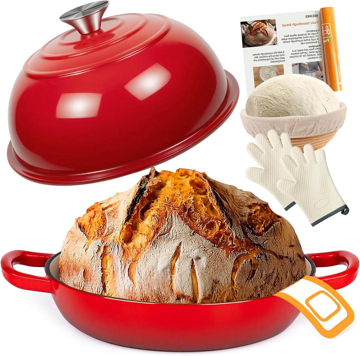 Gietijzeren Pan - Stoofpan Deksel - Brood Bakken - Waterloos Koken - 5.7 Liter - Rood