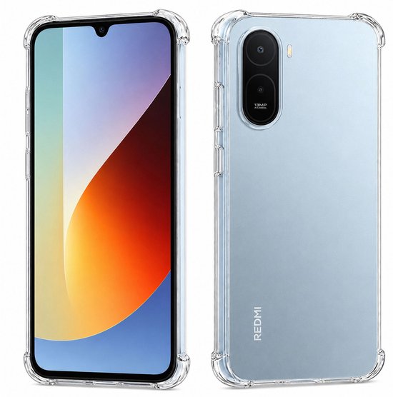 Coque transparente avec coins renforcés pour Xiaomi Redmi A7 Pro 4G. Téléphone avec écran coloré à gauche, dos avec appareil photo et logo 'REDI' à droite.