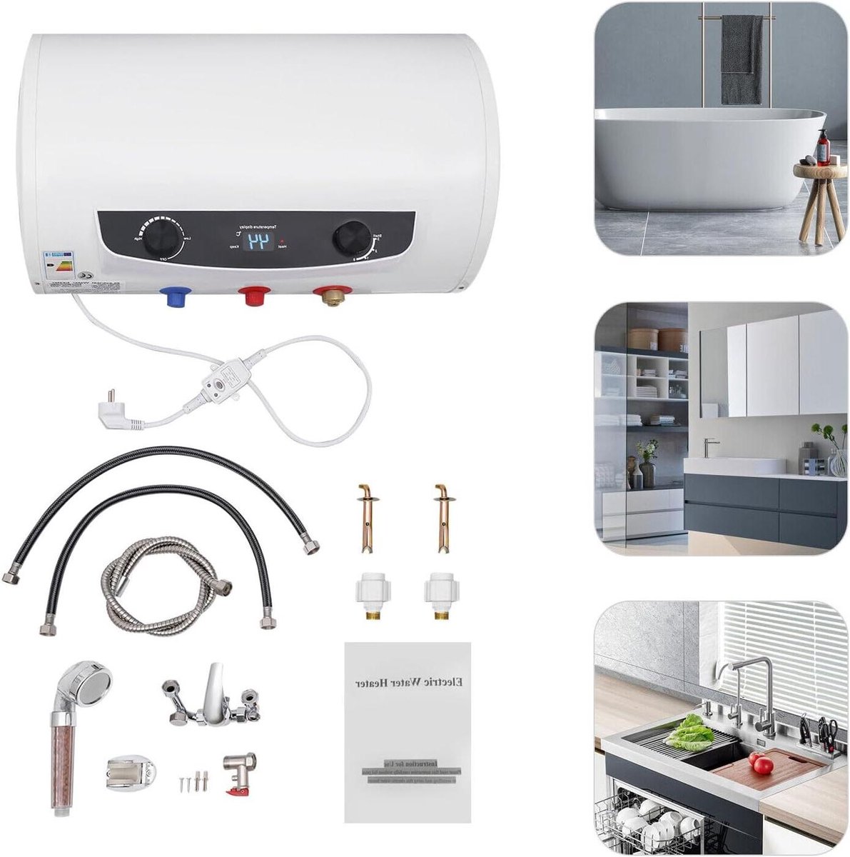 Elektrische boiler, 50 liter, waterboiler, hung horizontale tankboiler, 30-75 ℃ snelle verwarming, met pre-thermostaatknop, op aanvraag boiler voor douche badkamer 2KW