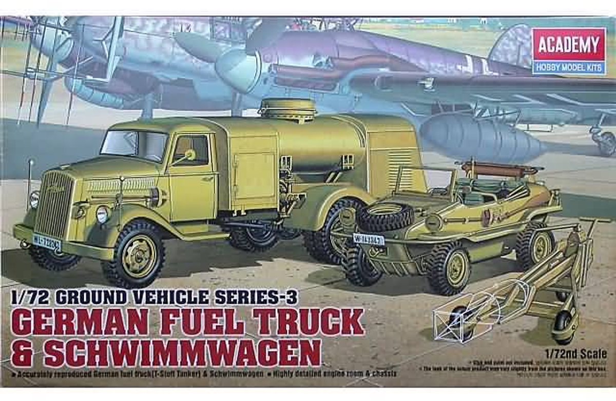 Academy Modelbouwpakket Militaire voertuigen - 13401 Duitse Brandstoftruck - Schwimmwagen WWII - Duitse Militaire Voertuigen Plastic - 1:72 - Modelbouw