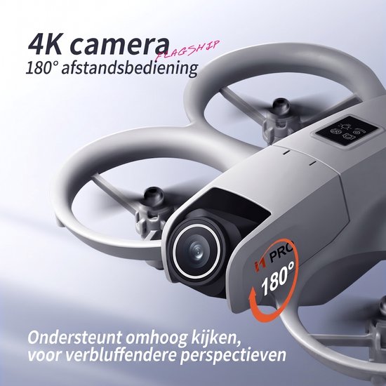 Close-up van de witte I1 PRO drone, met 4K camera en 180° verstelbare lens.