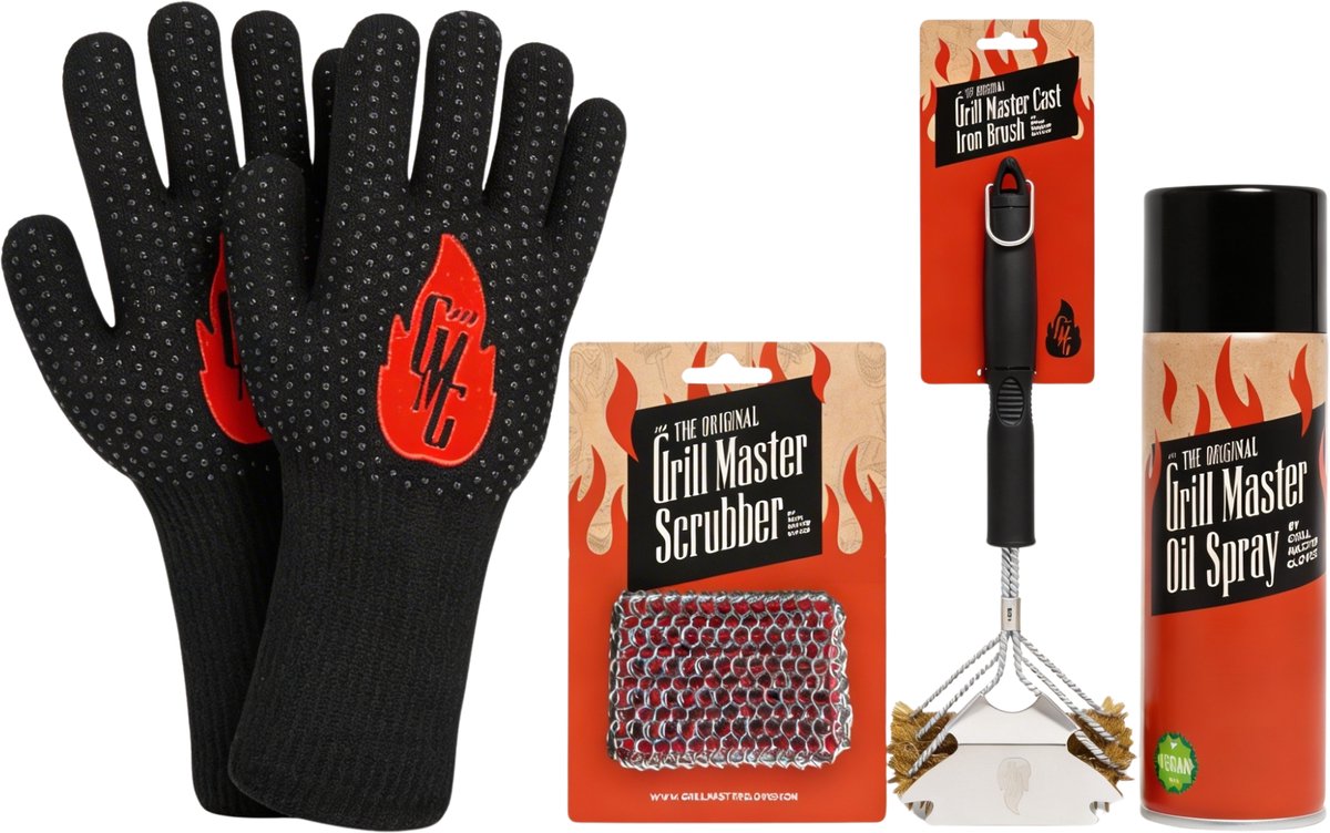 Grill Master - Cast Iron Care BBQ Set - oven handschoen - grill handschoen - Oliespray – Bakspray - Olie Sprayer - BBQ Scrubber - BBQ borstel - BBQ krabber - Barbecue Reiniger - Cast Iron Brush - Gietijzeren Borstel voor barbecue