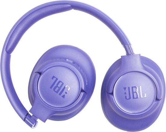 Gevouwen lichtpaarse JBL koptelefoon met JBL logo op de oorschelpen.