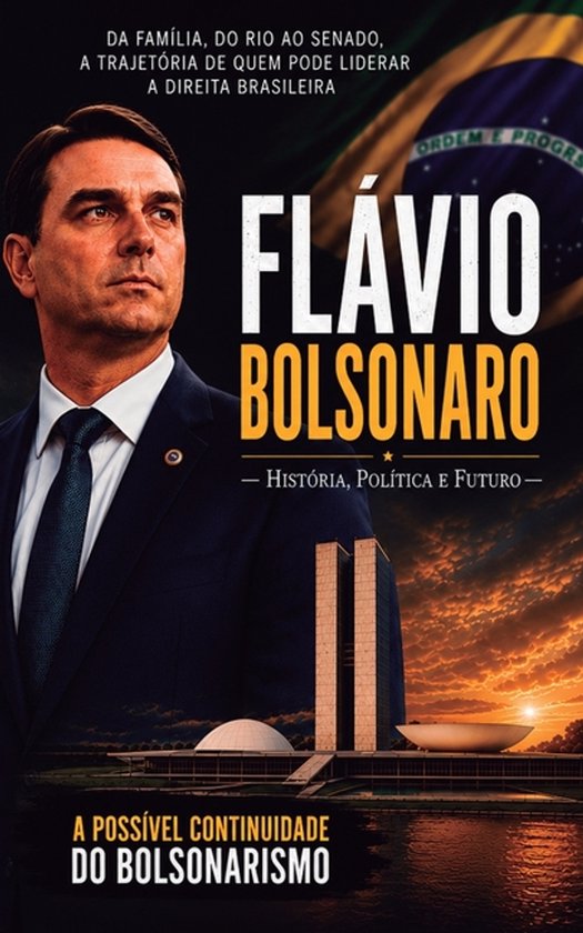 Boekomslag met Flávio Bolsonaro, de Braziliaanse vlag en het Nationaal Congres bij zonsondergang.