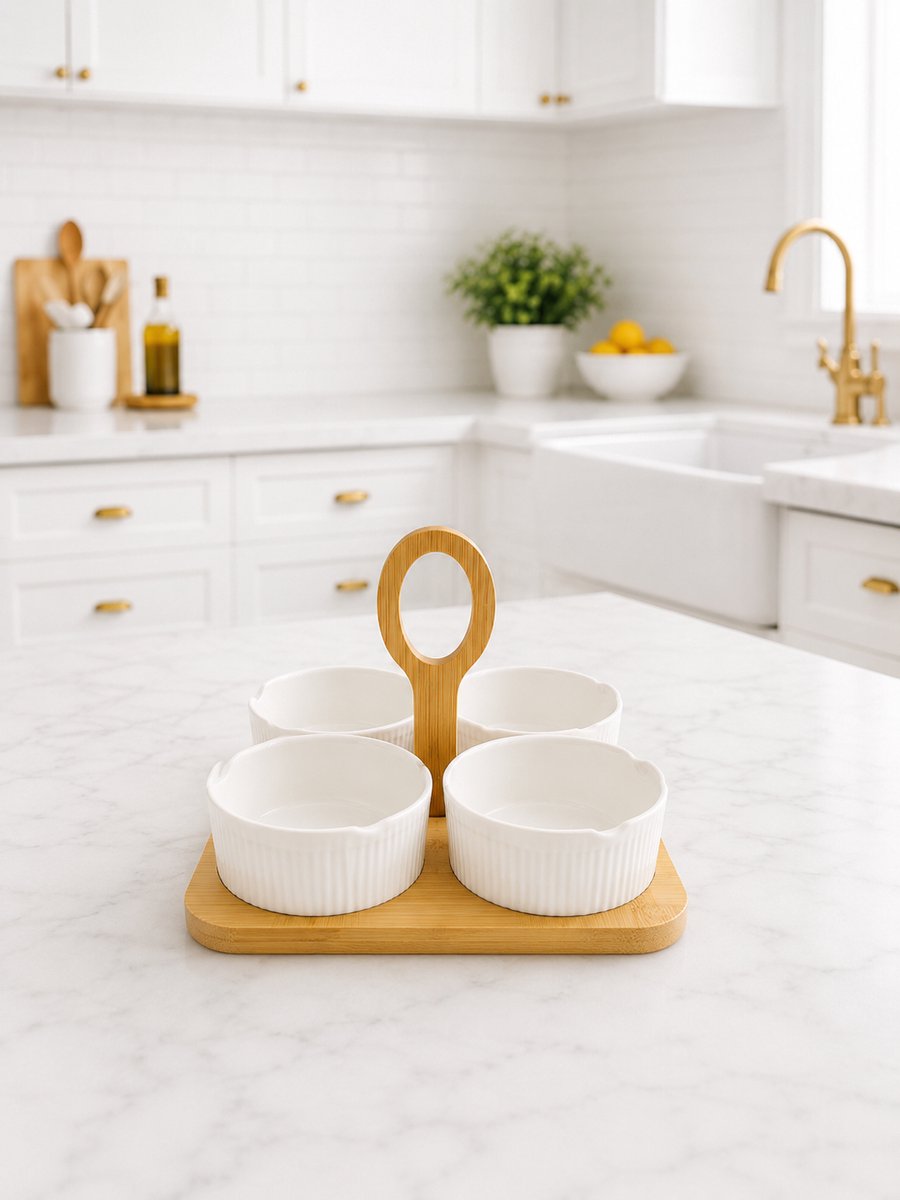 Mevaz Snackbowls Set van 4 met Bamboe Dienblad – Keramische Dipschaaltjes – Wit – Tapas Schalen – Borrelset – Serveerschaaltjes voor Noten, Olijven, Sauzen & Snacks – Luxe Serveerset — cadeau in Kookcadeaus - foto 3