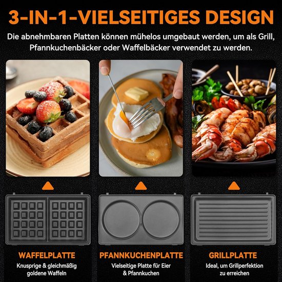 3-in-1 Wafelijzer - Pannenkoek Grill - Lekker Ontbijten - Afneembare Platen - 750 Watt - Aqua — afbeelding 3