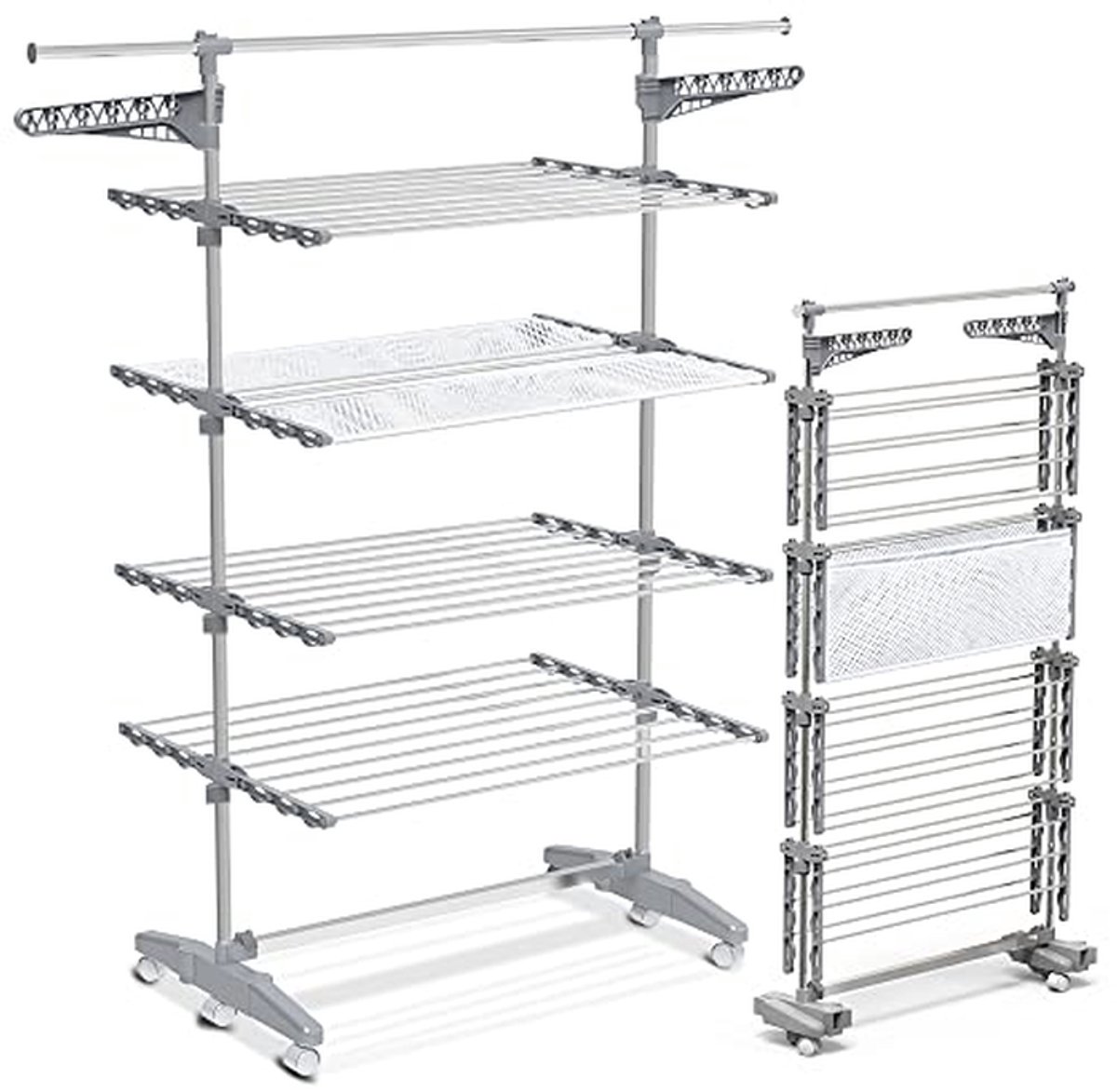 Droogrek Met Wielen - Kledingrek Vlier - Kleding Drogen - 28 Meter Drooglengte - 4 Niveaus - Zilver