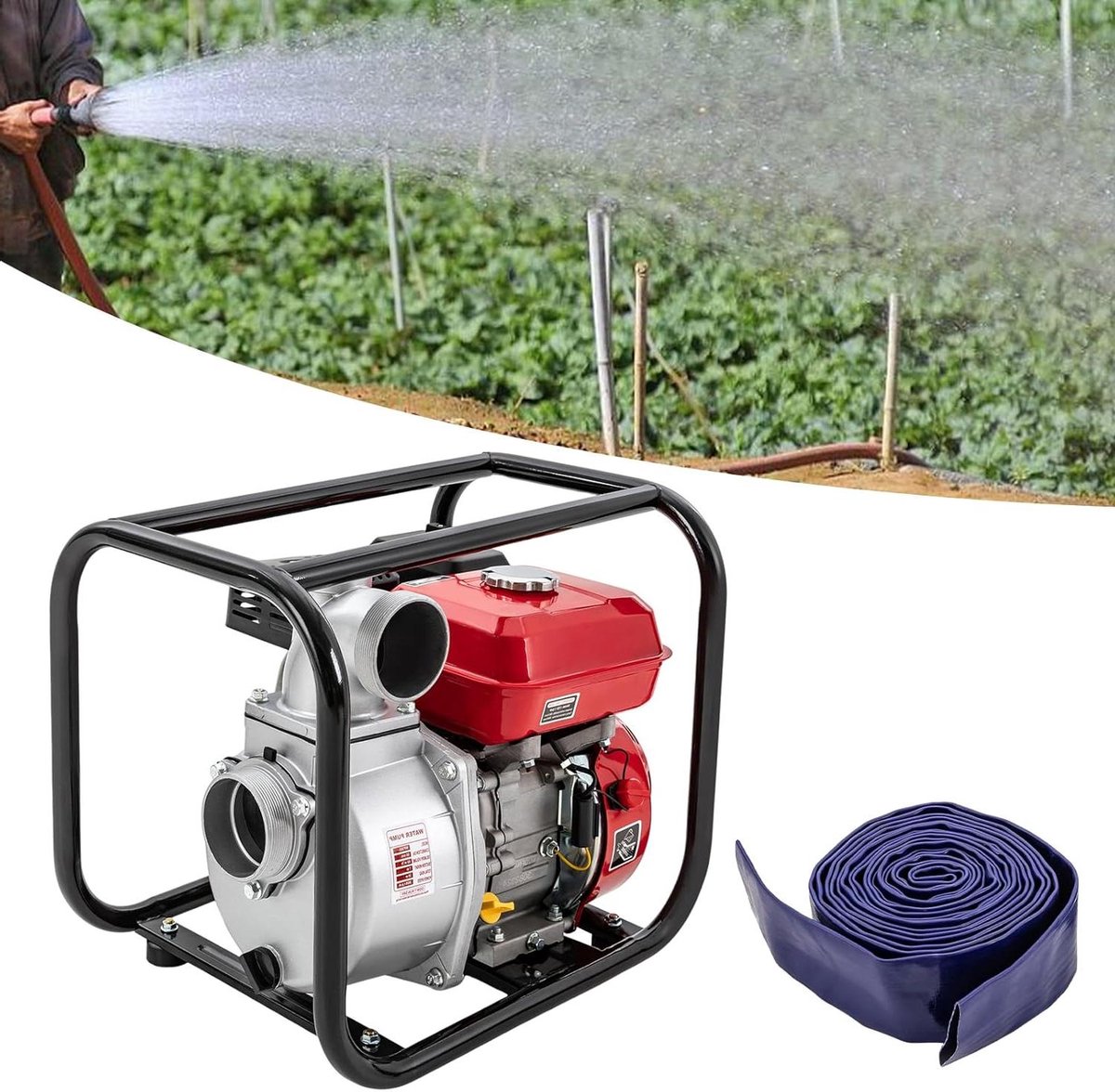 Benzine Waterpomp - Krachtige Pomp - Water Overdracht - 7.5 pk Motor - 7.5 Meter Leiding - Zwart Rood