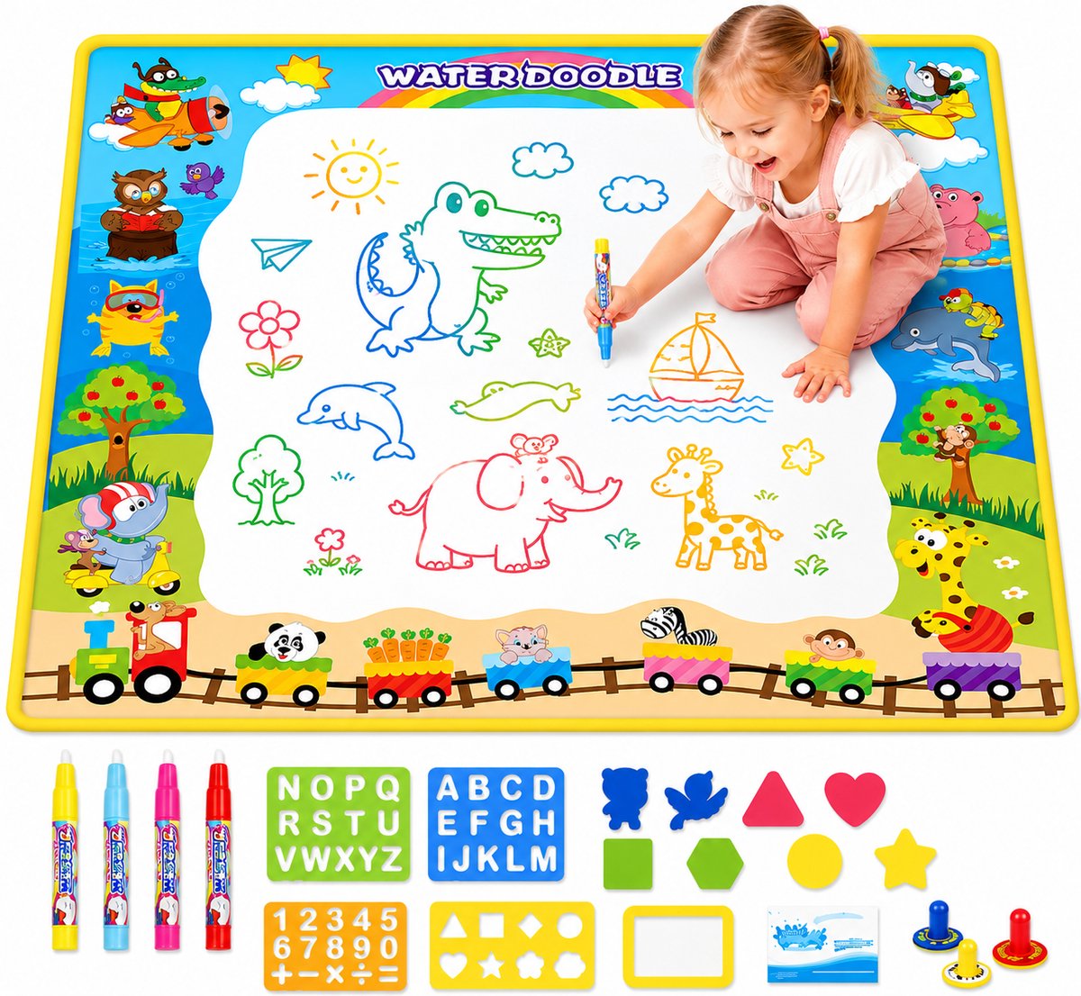 Water Tekenmat met 18 Accessoires - Met 4 Waterpennen - Speelgoed 2 Jaar - Speelgoed 3 Jaar - Speelgoed 4 Jaar - Speelgoed 5 Jaar - Montessori Speelgoed - Educatief Speelgoed - Jongens Speelgoed - Meisjes Speelgoed - Kinderspeelgoed