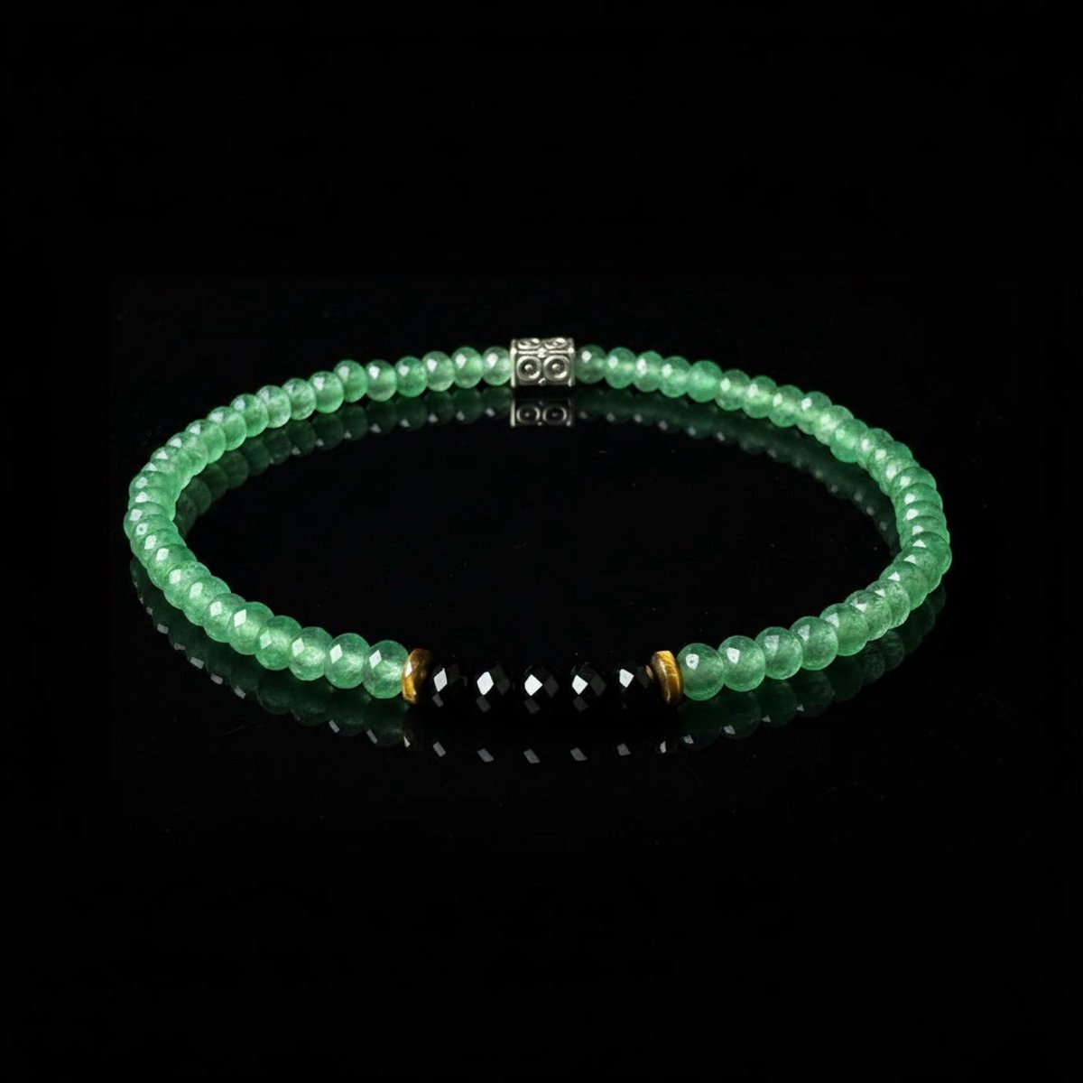 Groene Aventurijn Armband met Zwart Onyx, Tijgeroog & 925 Zilver – 6mm Facet Geslepen Natuursteen