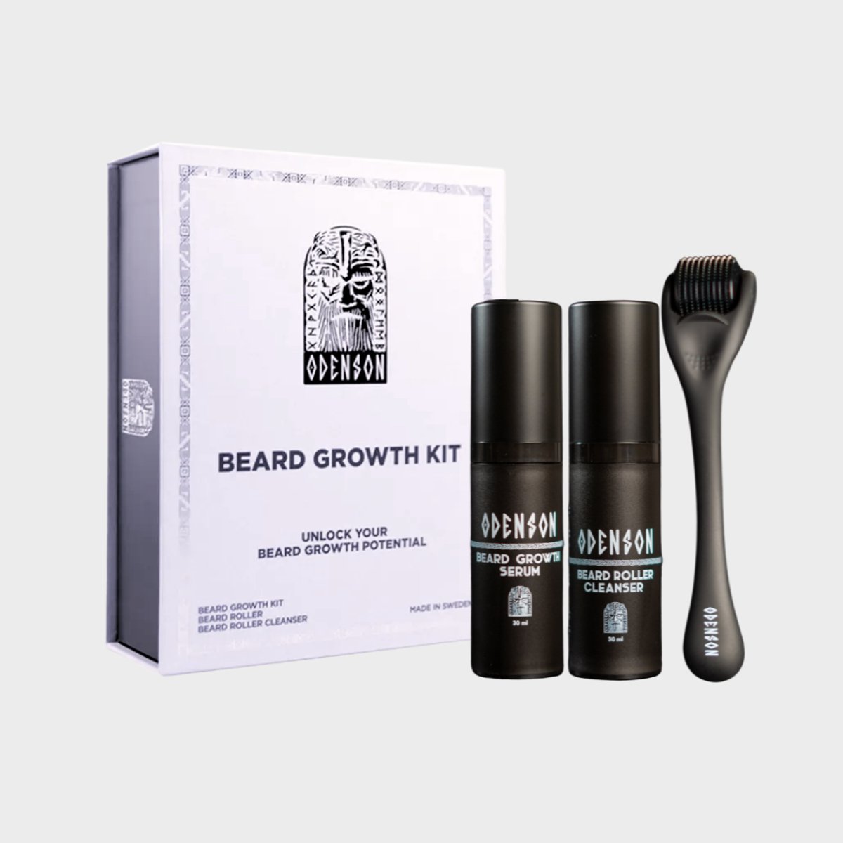 Odenson Baardgroeikit – Baardgroeiserum, Baardroller & Cleaner – Complete Baardverzorgingsset voor Mannen