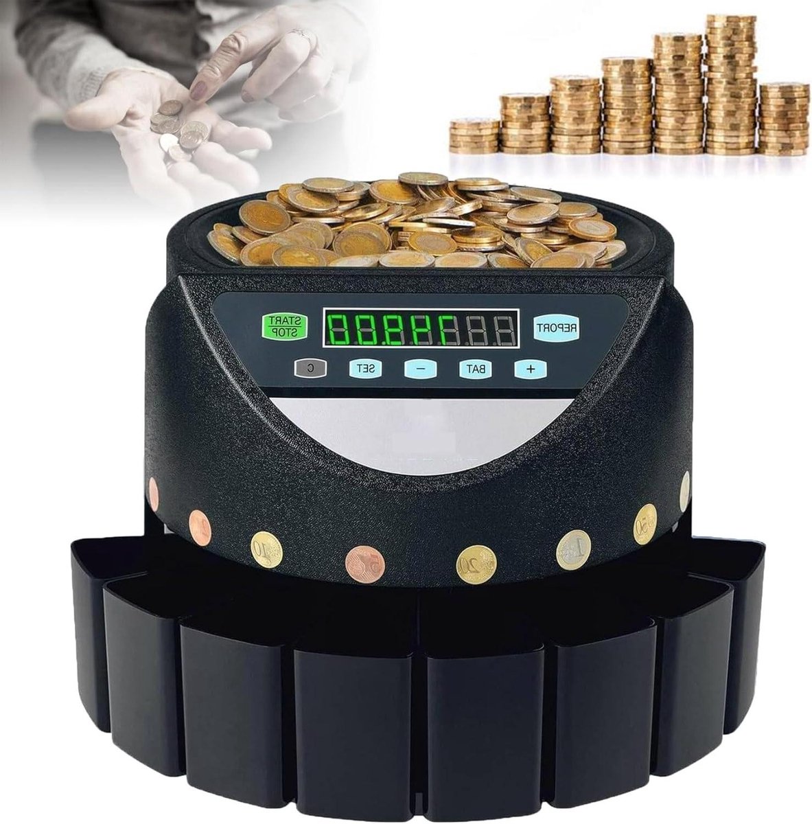 Muntteller Elektrisch - Automatische Tellers - Geld Sorteren - LED Display - Alle Ronde Munten - Zwart
