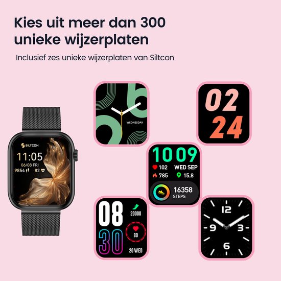 Zwarte smartwatch met mesh band, omringd door 5 verschillende wijzerplaten met diverse designs.