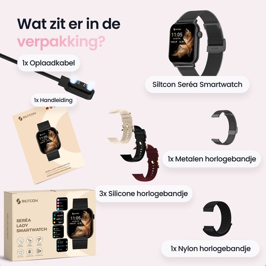 Inhoud verpakking: Siltcon Seréa Smartwatch, oplaadkabel, handleiding, 5 bandjes (metaal, 3x silicone, nylon).