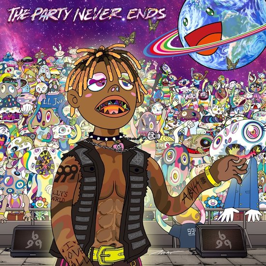 Albumcover met de tekst 'The Party Never Ends'. In het midden een cartoon van Juice WRLD met tatoeages en piercings.