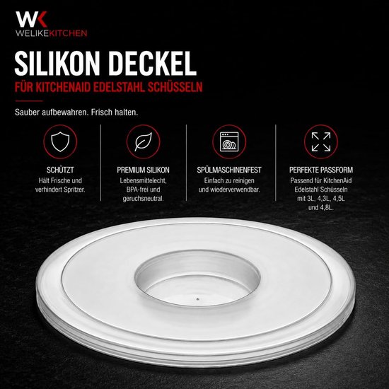 Welikekitchen Siliconen deksel compatibel met KitchenAid roestvrijstalen kommen 3 l/4,3 l/4,8 l, vershouddeksel van voedselveilige siliconen, BPA-vrij en vaatwasmachinebestendig — afbeelding 4