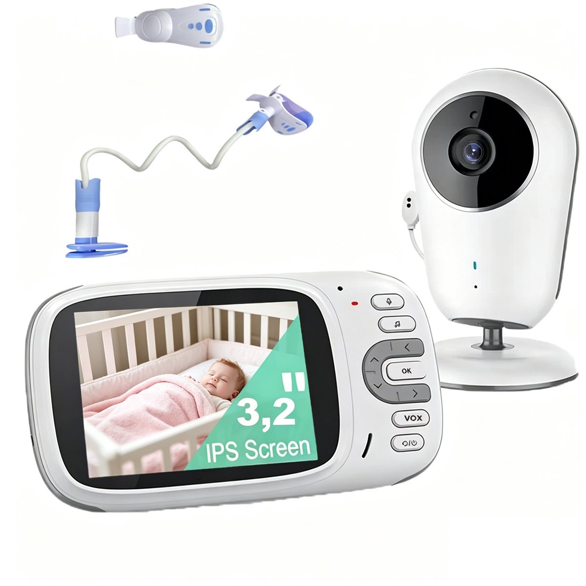 BOIFUN Babyfoon met Camera - Baby Monitor met VOX - Nachtzicht - Babyphone met Temperatuurweergave - Baby Monitor 8 Slaapliedje - Inclusief Flexibele Houders