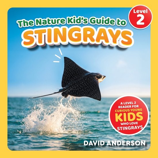 Boek "The Nature Kid's Guide to Stingrays" met een springende rog boven water. Level 2.