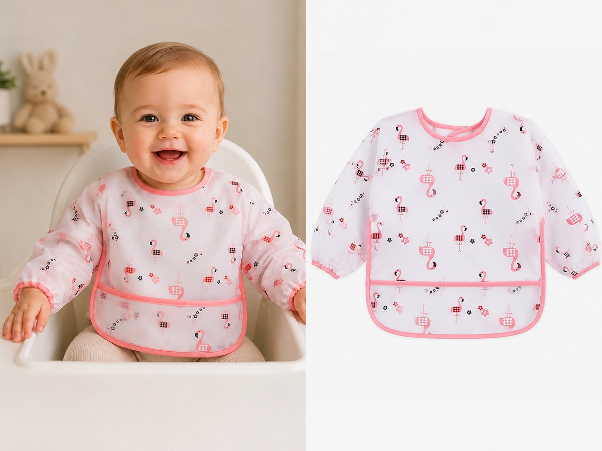 Slabbetje lange mouwen met brede opvangbak - Roze Flamingo - 0-2 jaar - wasbaar - kliederschort - verfschort
