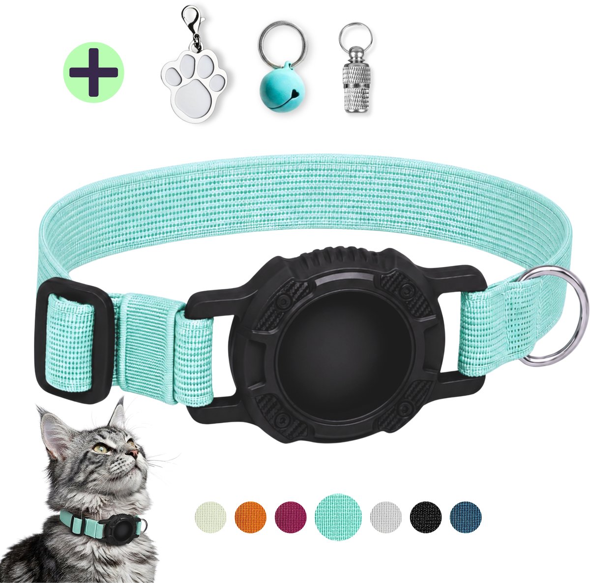 WHISKERZ® CORE Veilige Elastische Kattenhalsband met Tag Houder - Geschikt Voor Apple AirTag - Groen/Mintgroen - Anti Kras, Rekbaar, Verstelbaar en Lichtgewicht - Inclusief Adreskoker en Belletje - Halsband voor Kat